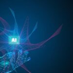Illustration technologique montrant une main digitale lumineuse connectée au symbole AI, représentant l'Intelligence Artificielle.
